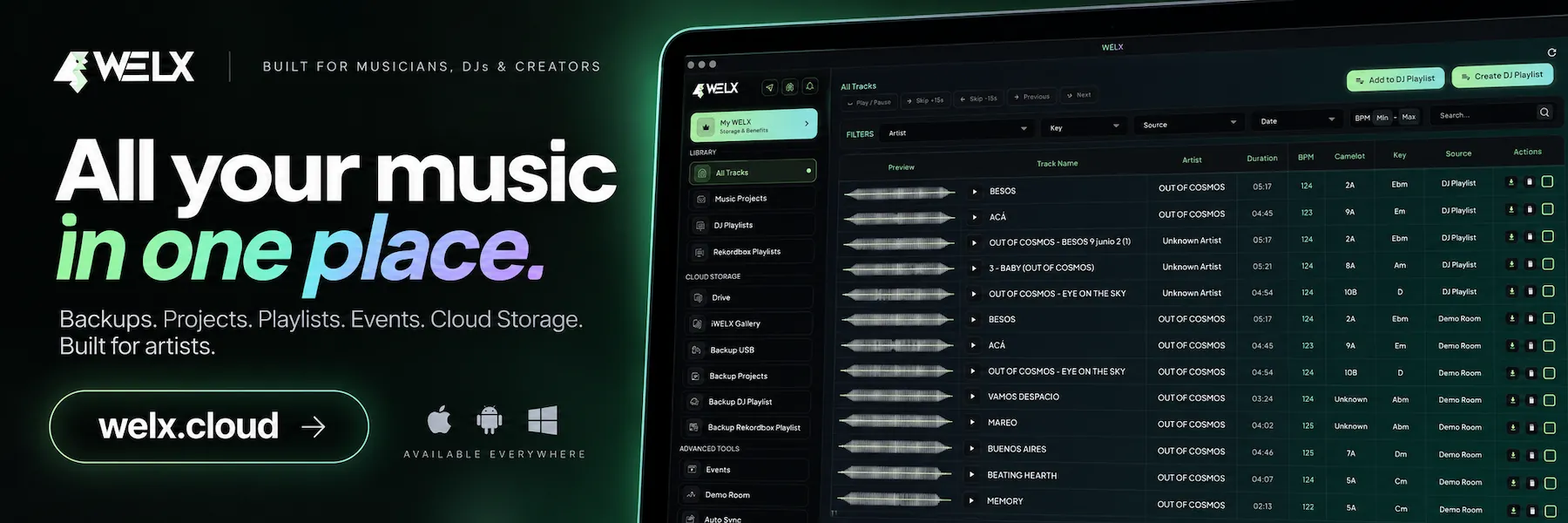 WELX Cloud — All your music in one place. Backups, projects, playlists, events and cloud storage.